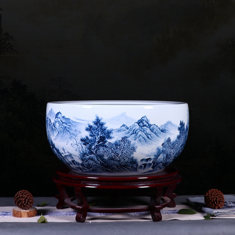 景德镇名师手绘陶瓷青花山水水浅金鱼缸盆养水仙荷花睡莲家居摆件