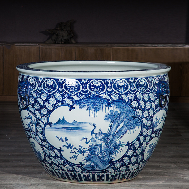景德镇陶瓷鱼缸大号特大摆件荷花睡莲缸青花瓷老式水缸庭院室外