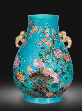 官窑手绘粉彩花鸟双耳景德镇瓷器