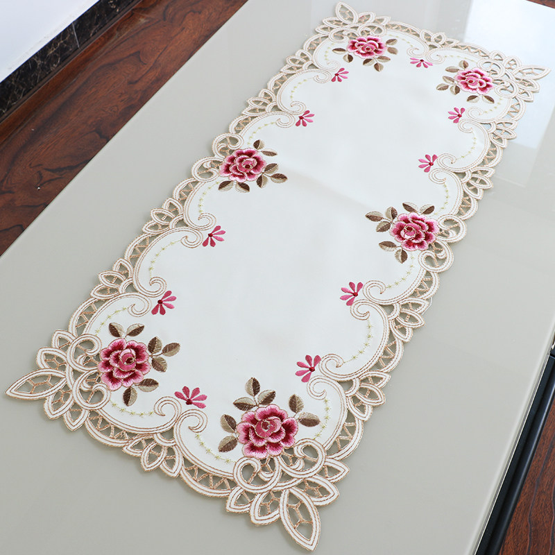 椭圆茶几布艺小桌布怀旧茶几垫欧式田园绣花镂空床头柜微波炉盖巾
