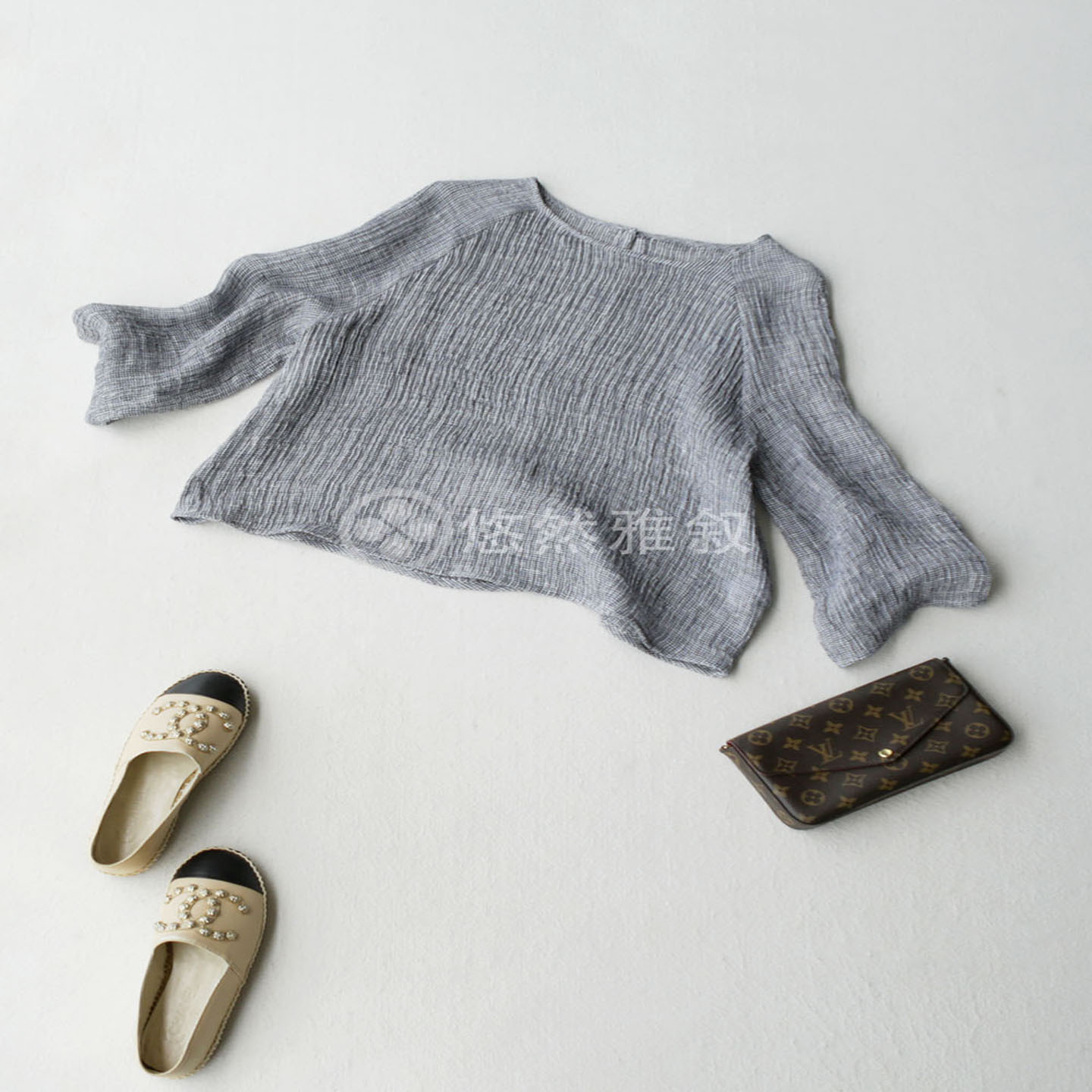 日单 原 自留 客供编织亚麻减龄小宽松A摆微喇袖独特质感奈良衬衫