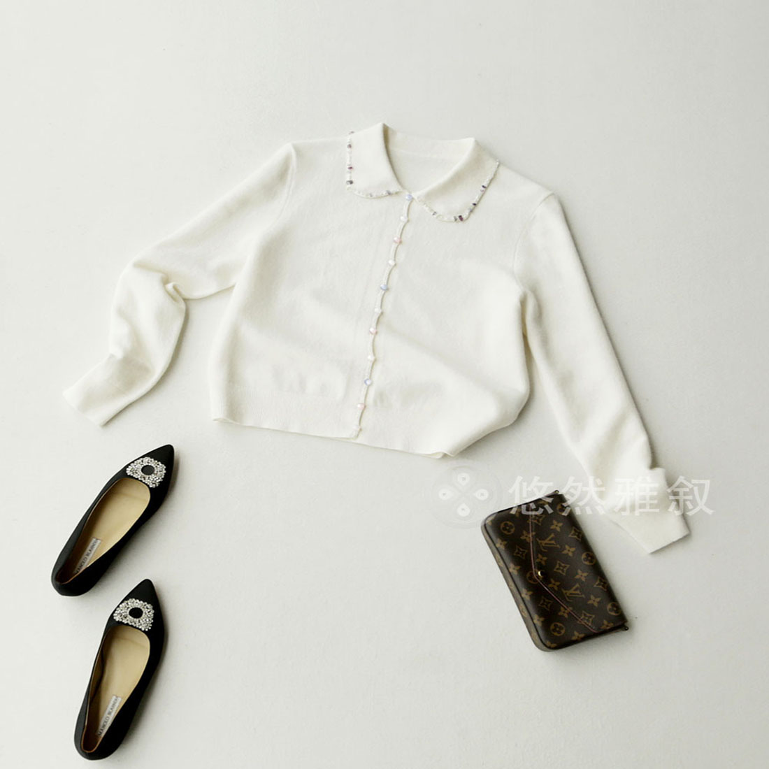 巨精致巨减龄 复古娃娃领 密织的精纺羊毛 清新甜美羊毛针织开衫