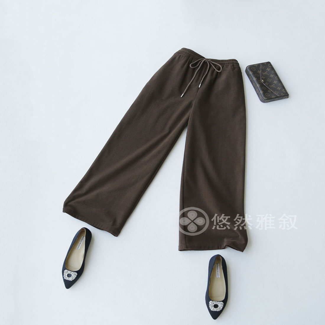 两色 复古老钱细腻灯芯绒 加宽抽绳松紧腰宽松直筒薄绒长裤休闲裤
