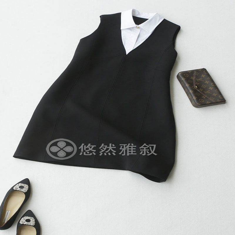 原688现398 新品 特回馈 拼接假两件白色衬衫领 黑白配无袖连衣裙