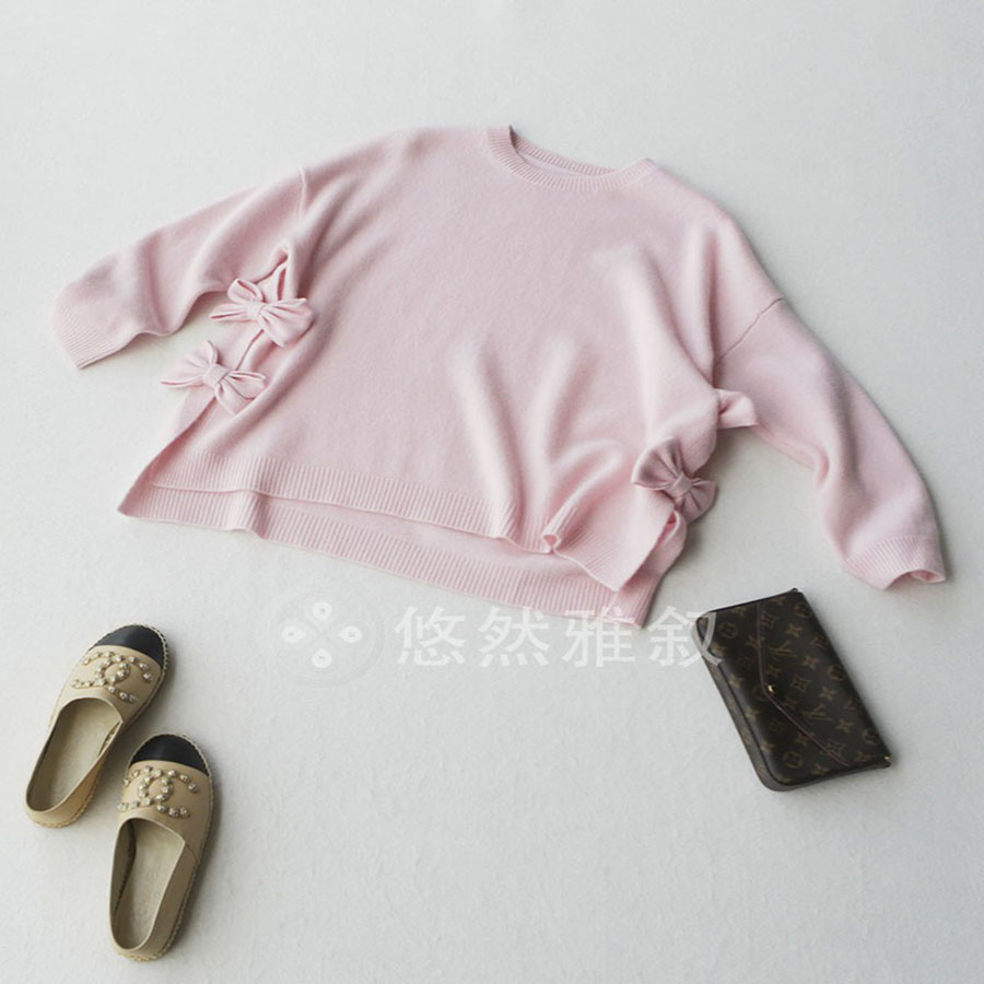 原688现488 俏皮灵动 文艺又复古蝴蝶结加厚绵羊毛宽松圆领羊毛衫