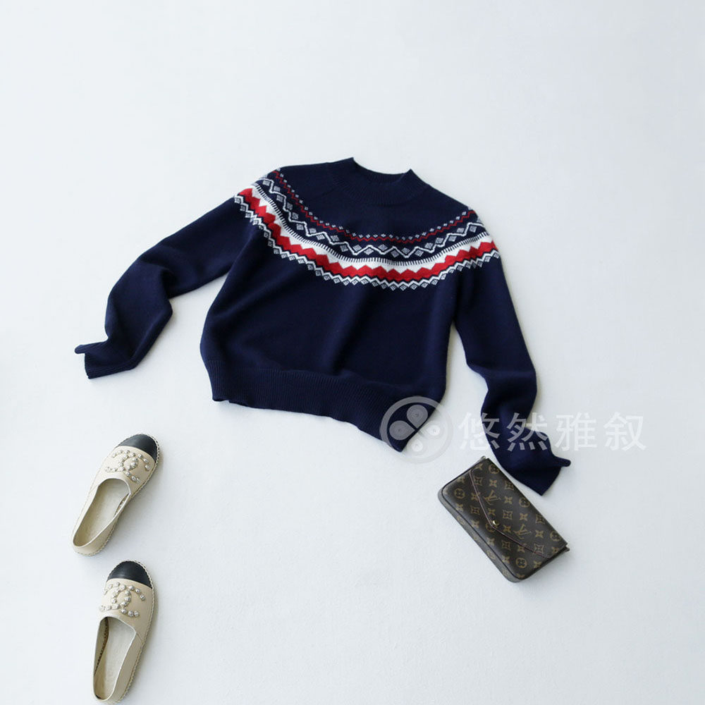 冬季氛围感 休闲廓形复古费尔岛几何花纹 藏青提花粗针澳洲羊毛衫,女装/女士精品,毛针织衫,淘宝优惠券,粉丝福利购,淘宝优惠卷
