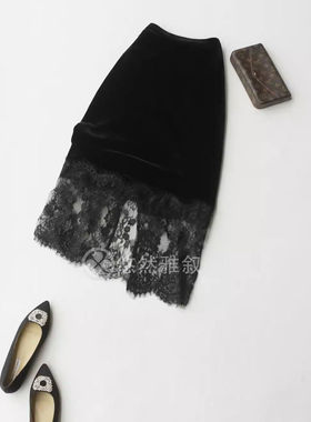 原338现238   黑色真丝丝绒拼接水溶蕾丝 后松紧腰开叉直筒半裙
