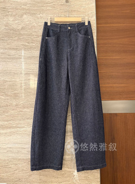 韩订单 自留 透气棉麻混纺 立体小廓感 洋气深蓝色高腰牛仔长裤