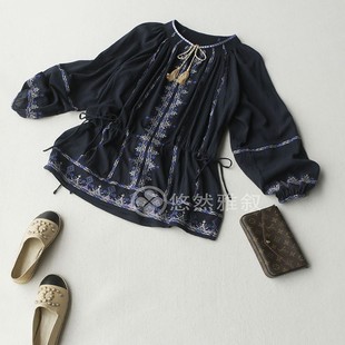 褶皱棉抽绳连衣裙 领口流苏细带 原788现488 浪漫波西米亚刺绣花