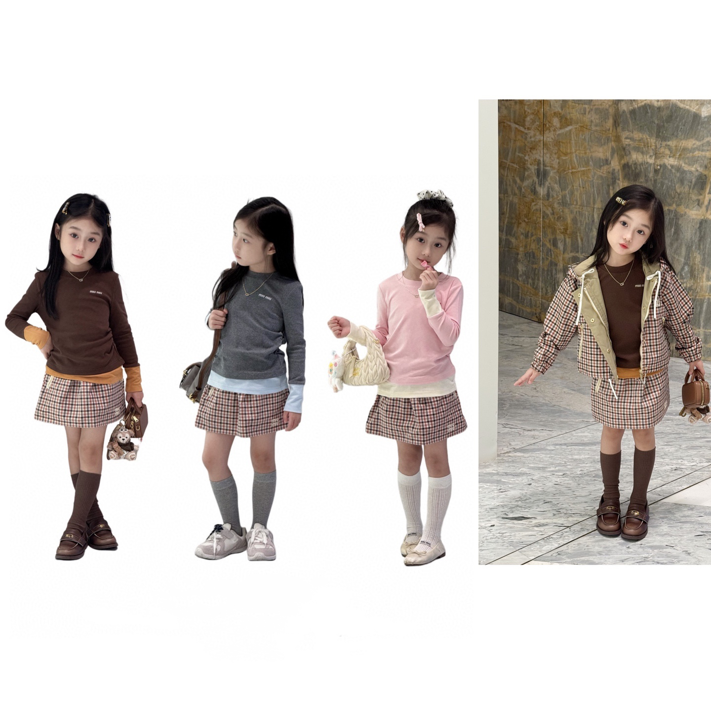 小七baby25秋冬新款拼色字母长袖T恤格纹外套半裙套装女童宝宝BY3