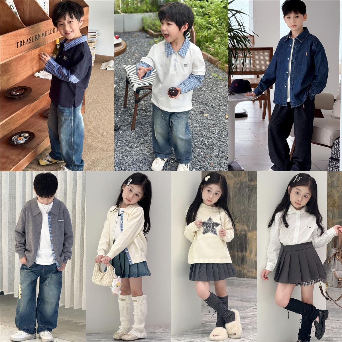 小七baby25秋冬新品牛仔衬衫长袖Polo衫针织衫外套半身裙套装TP03