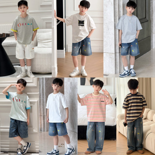 小七baby26夏新款欧美帅气印花短袖T恤牛仔裤子套装男女儿童宝TP1