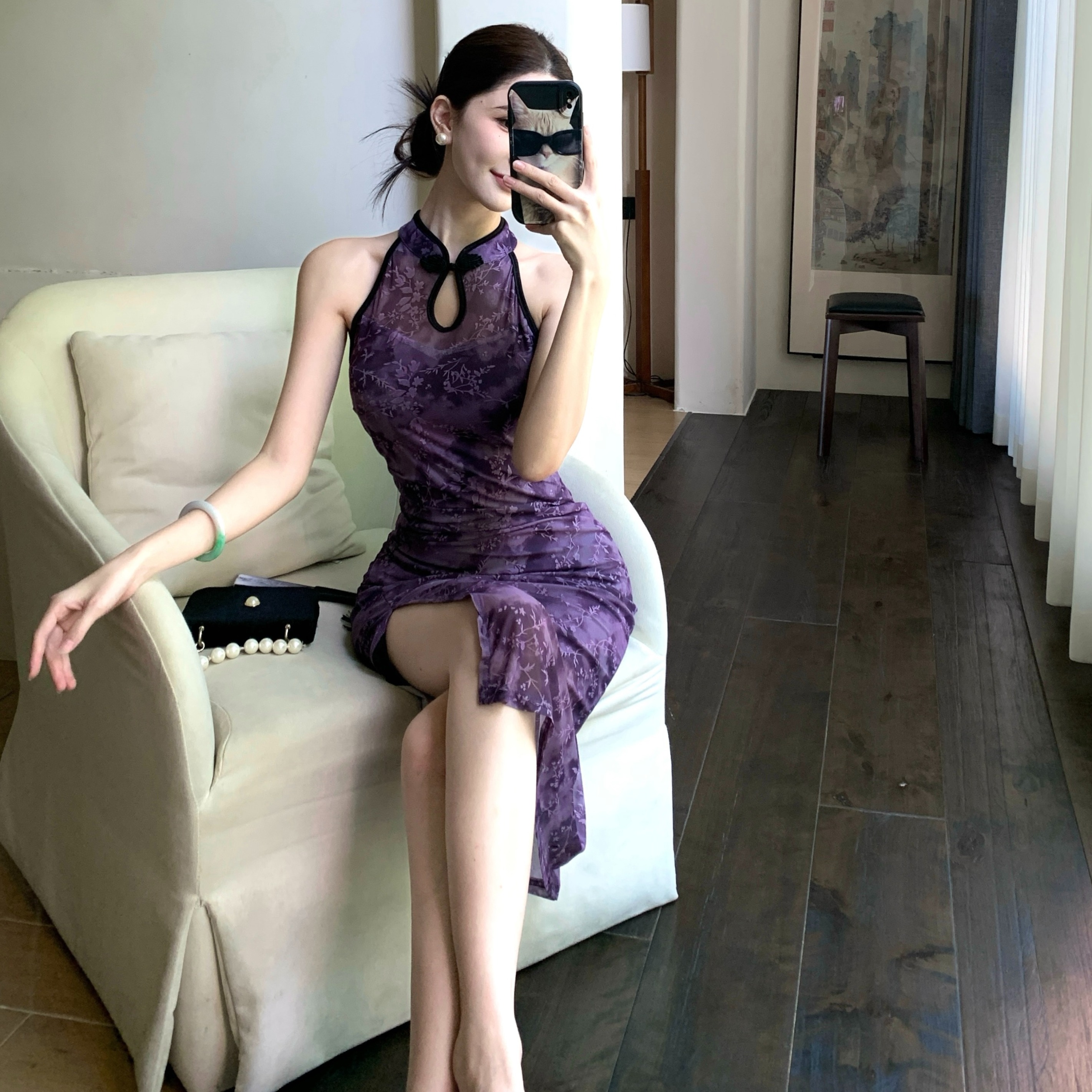 性感修身旗袍改良挂脖式长裙年轻款包臀网纱高开叉露肩无袖连衣裙