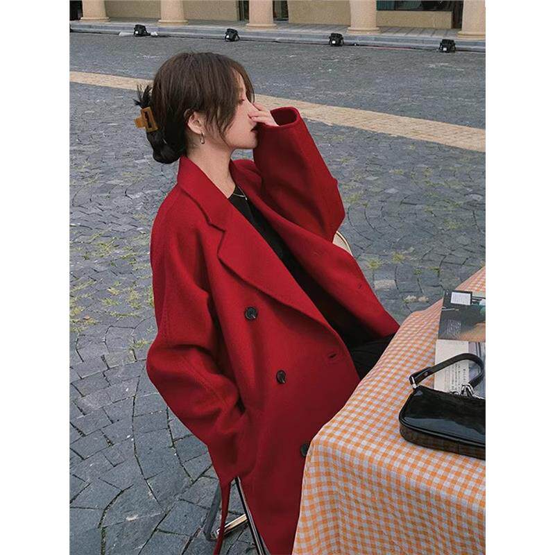 高端红色双面羊绒大衣女2024秋冬新品韩系小个子时尚显瘦毛呢外套