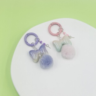 3个糖果色钥匙扣配件装饰蝴蝶结毛球包包挂件diy萌粒串珠挂链