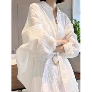慵懒风宽松显瘦休闲百搭上衣 女春夏薄款 白色透气棉麻防晒长袖 衬衫
