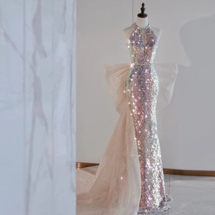 晚礼服女挂脖亮片名媛收腰鱼尾年会主持人鱼姬轻奢小众新娘敬酒服