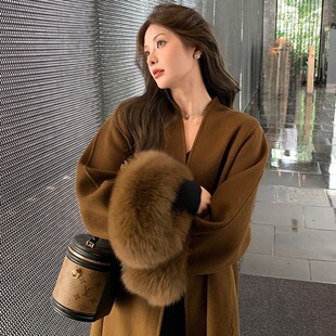 春秋冬新款V领双面羊绒呢子大衣女中长款狐狸毛袖口轻奢高端外套