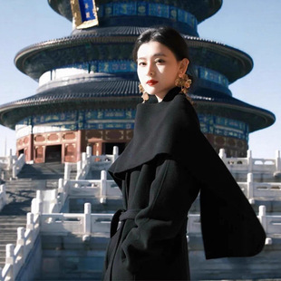 法式复古轻奢双面羊绒带围巾高级感女士长款过膝外套羊毛大衣秋冬