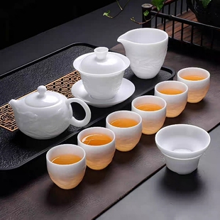 冰种茶壶盖碗套装高档素烧羊脂玉瓷浮雕功夫茶具家用客厅中式送礼