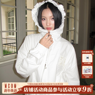 MEDM纯色花边帽小香珍珠标休闲拉链夹克潮流时尚 连帽外套 百搭长袖