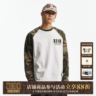 MEDM 插肩袖豹纹迷彩休闲圆领长袖T恤美式街头风个性撞色男女上衣