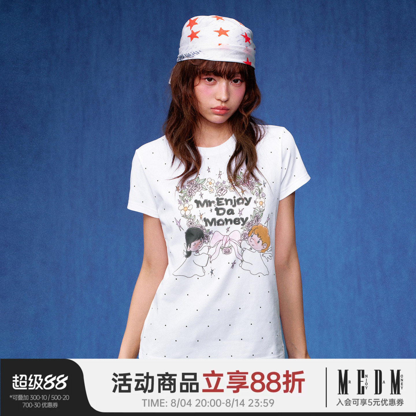 MEDM 白色花环小天使印花休闲圆领短袖满印波点碎花宽松T恤女款夏 - 实物图