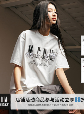 MEDM25SS冰凌玫瑰刺绣钉珠印花LOGO短袖男t恤美式复古夏季上衣潮