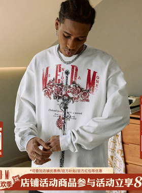 MEDM 玫瑰与剑水洗长袖T恤男女同款秋季上衣美式复古休闲情侣体恤