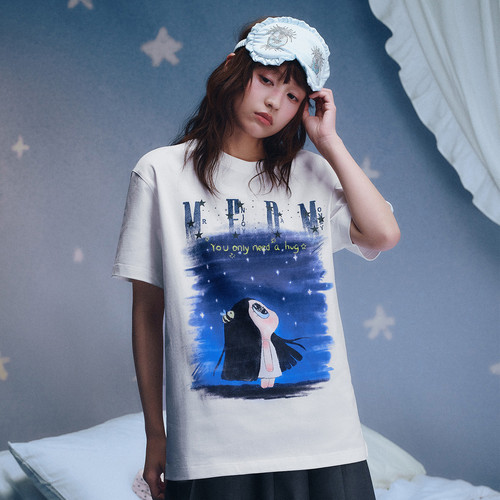 MEDM×Iria的信箱联名 仰望星空数码印花闪粉logo短袖休闲T恤女夏