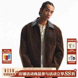 MEDM 皮翻领植绒豹纹牛仔休闲夹克秋冬美式贴布logo重工刺绣外套