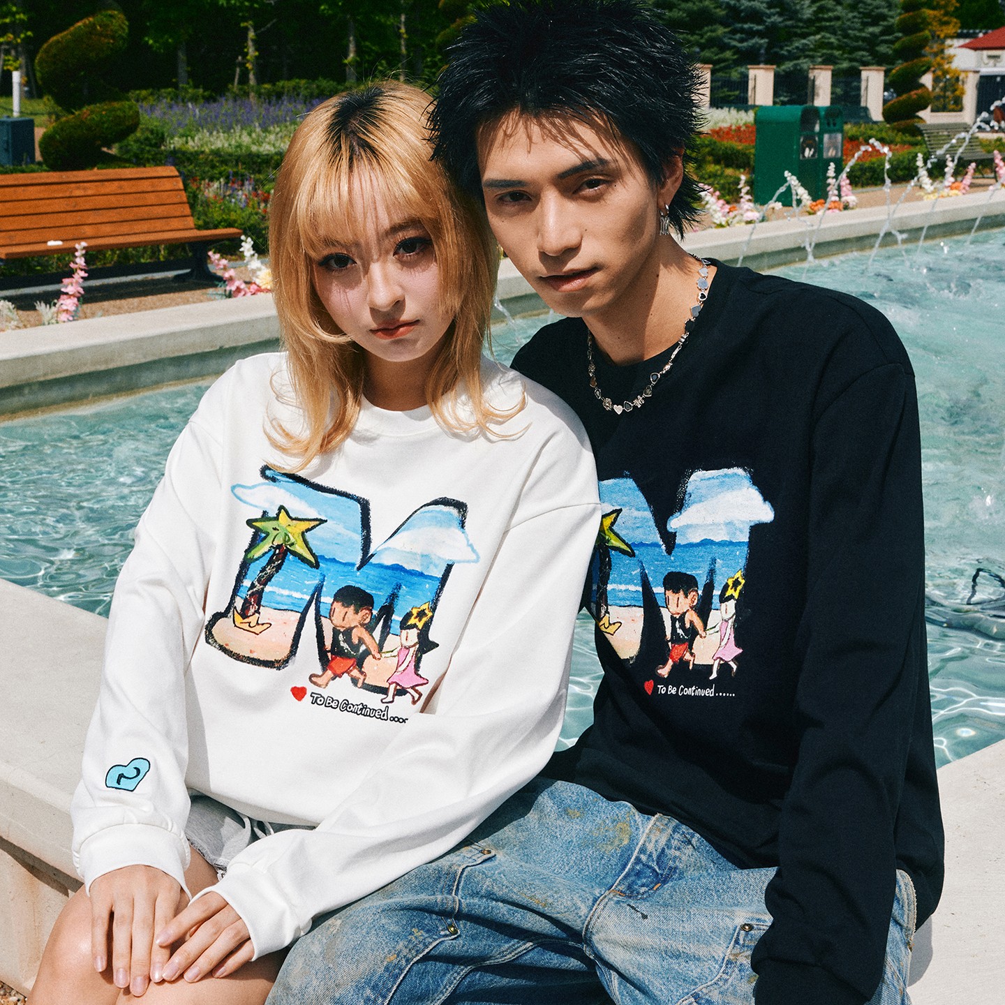 MEDM x NEWMASUS 联名海边椰树印花休闲圆领长袖T恤潮牌情侣上衣