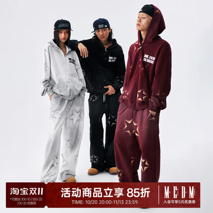 MEDM 水洗满印星星休闲拉链帽衫美式情侣连帽开衫卫衣秋商场同款