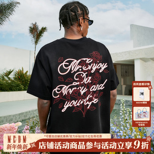 宽松圆领上衣t 休闲T恤男女夏季 MEDM 25SS线条树枝玫瑰花水洗短袖