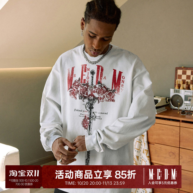 MEDM 玫瑰与剑水洗长袖T恤男女同款秋季上衣美式复古休闲情侣体恤
