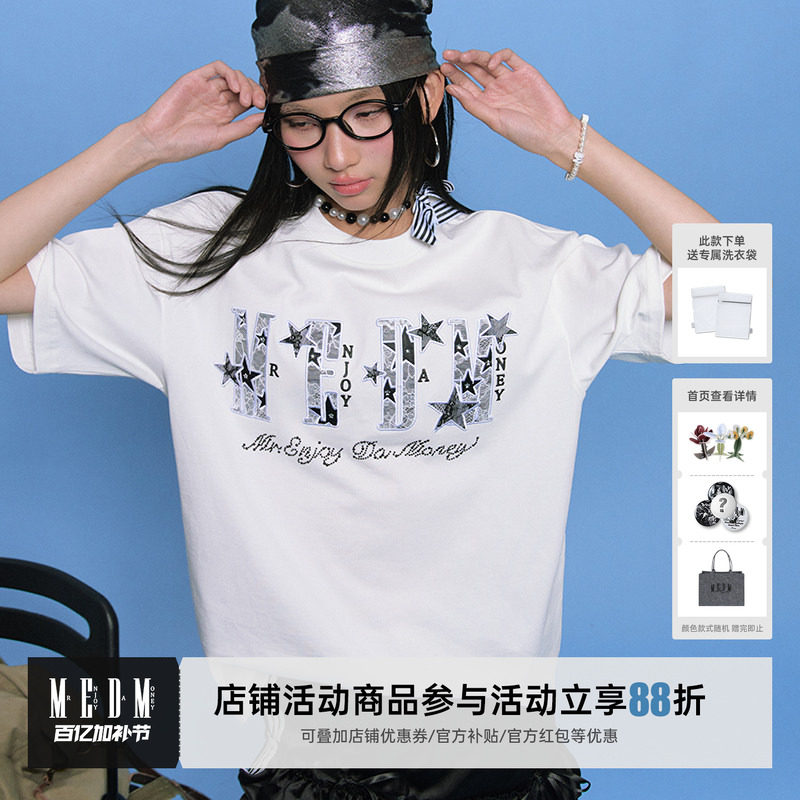 MEDM25SS星星迸发蕾丝贴布短袖男士美式嘻哈夏季T恤女休闲情侣tee