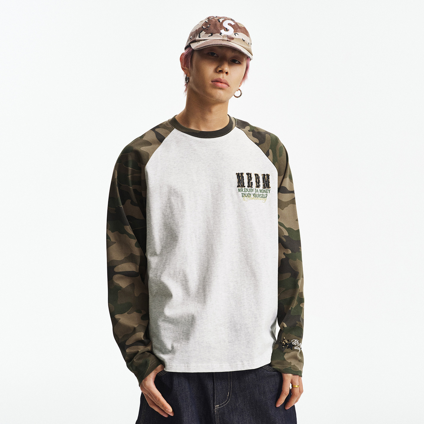 MEDM 插肩袖豹纹迷彩休闲圆领长袖T恤美式街头风个性撞色男女上衣