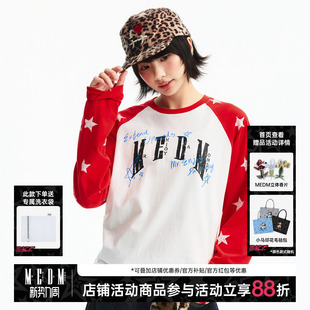 宽松上衣 T恤潮流男女同款 MEDM 手写涂鸦印花星星满印休闲插肩长袖