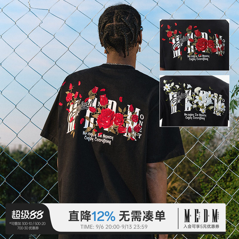 MEDM26SS玫瑰刺绣美式T恤情侣款图片