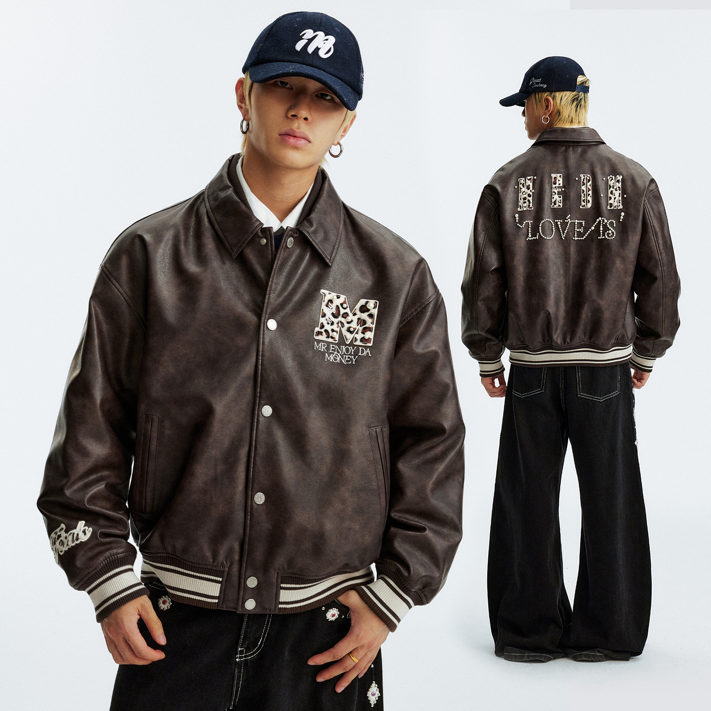 MEDM双层皮双领pu休闲棒球服