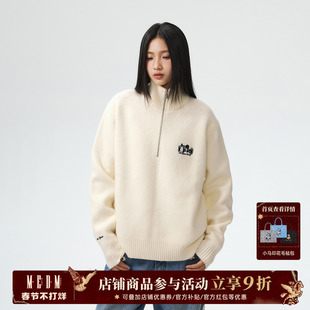 MEDM 黑白玫瑰花刺绣半拉链高领毛衣秋冬美式保暖内搭休闲针织衫