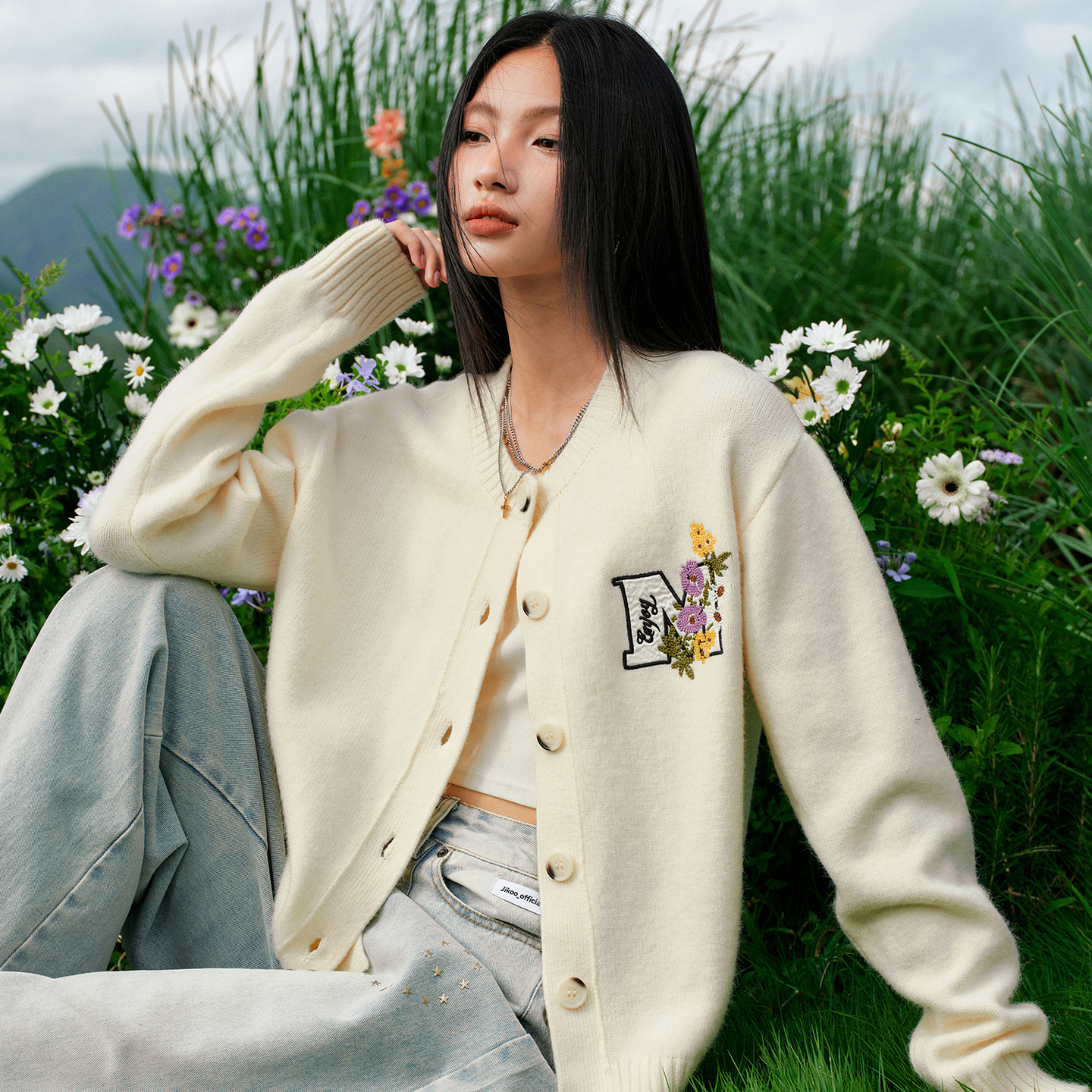 MEDM 线条花卉刺绣休闲开衫毛衣春秋男女慵懒宽松情侣针织衫外套