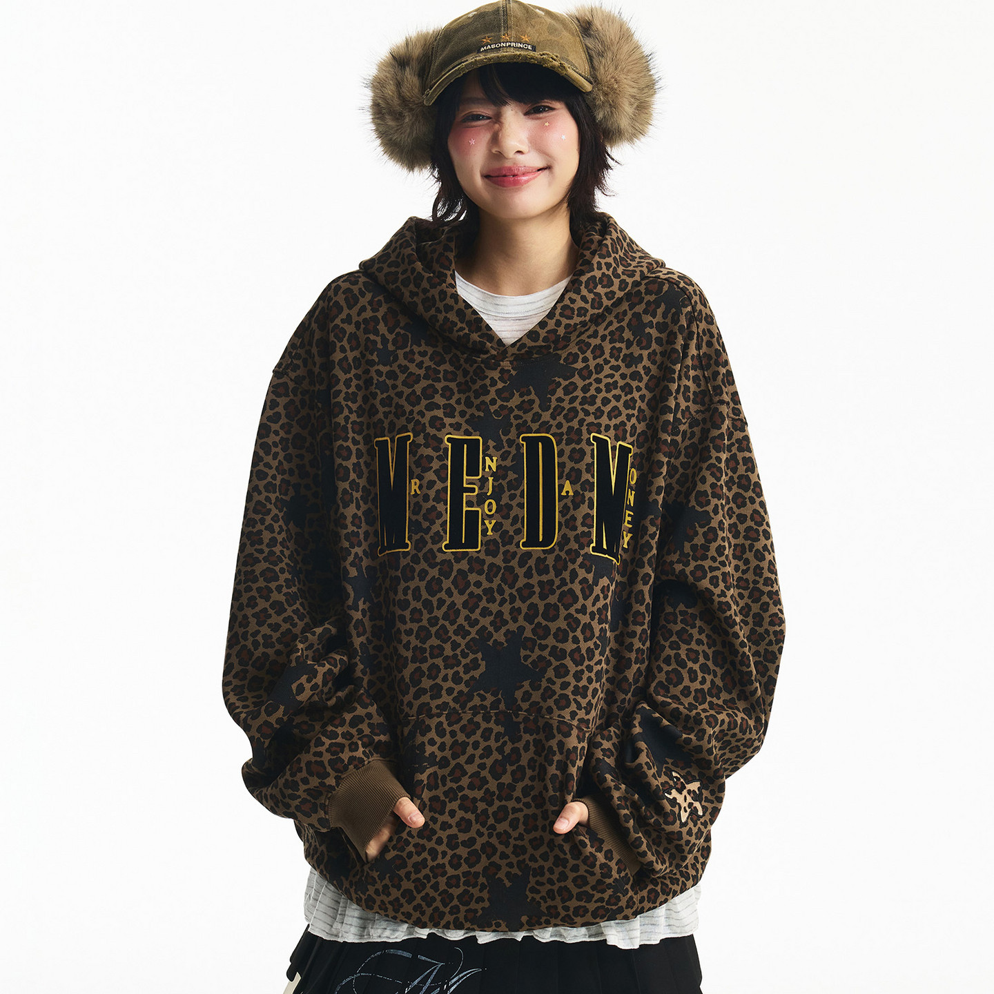 MEDM美式复古豹纹迷彩连帽卫衣