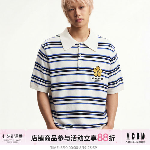 MEDM细条纹刺绣男POLO针织衫短袖