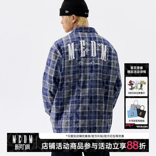 情侣衬衣秋季 MEDM 复古格纹长袖 美式 绒毛贴布钉珍珠休闲格子衬衫