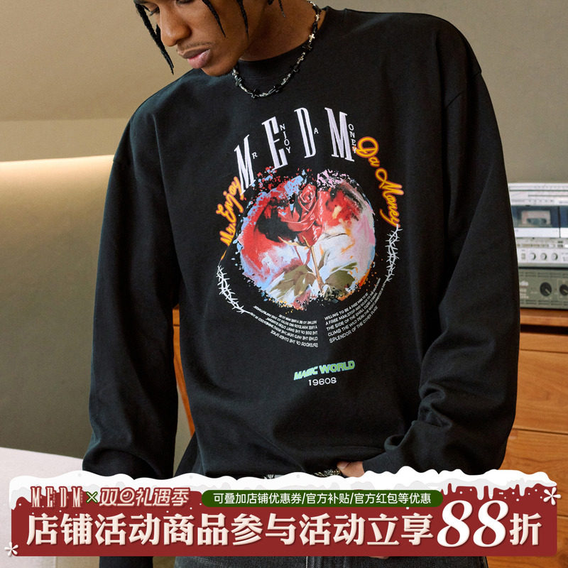 MEDM春秋鲜花荆棘长袖T恤男上衣