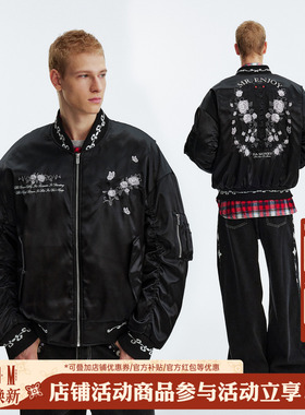 MEDM 玫瑰庄园刺绣ma1休闲棒球领夹克黑色秋冬季美式男女拉链外套
