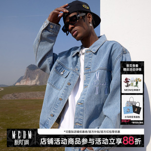 MEDM国潮刺绣牛仔外套男女短款潮牌春秋宽松街头复古情侣夹克上衣