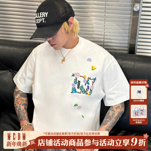 休闲高街百搭情侣半袖 潮牌ins美式 体恤 T恤男夏季 MEDM刺绣花卉短袖
