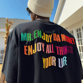 潮牌高街休闲五分袖 T恤男夏季 体恤 嘻哈彩虹字体刺绣短袖 MEDM美式